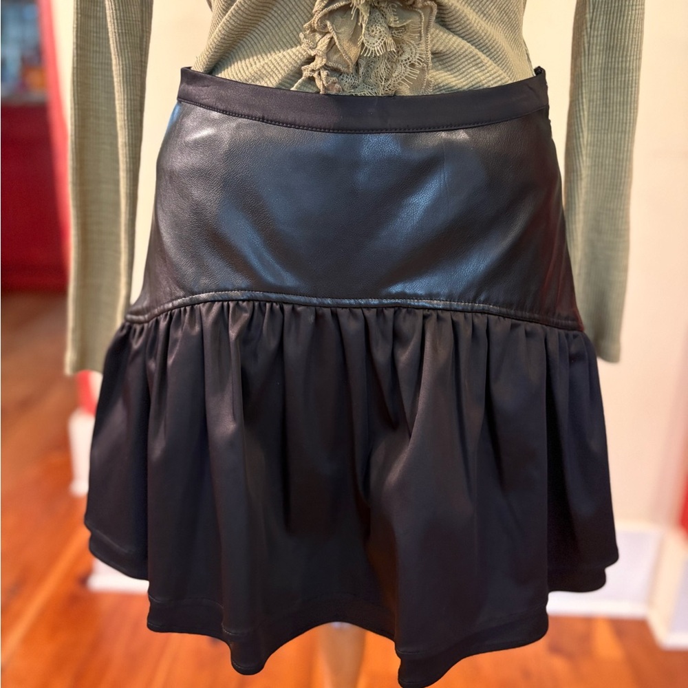 Avec Les Filles Black Faux Leather Ruffle-Hem Skater Skirt from Anthropology